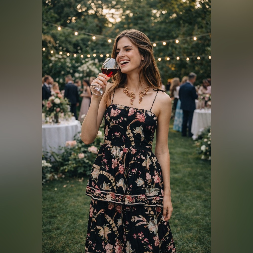 H&M Black Floral Tiered Maxi Dress with Pink and Cream Accents